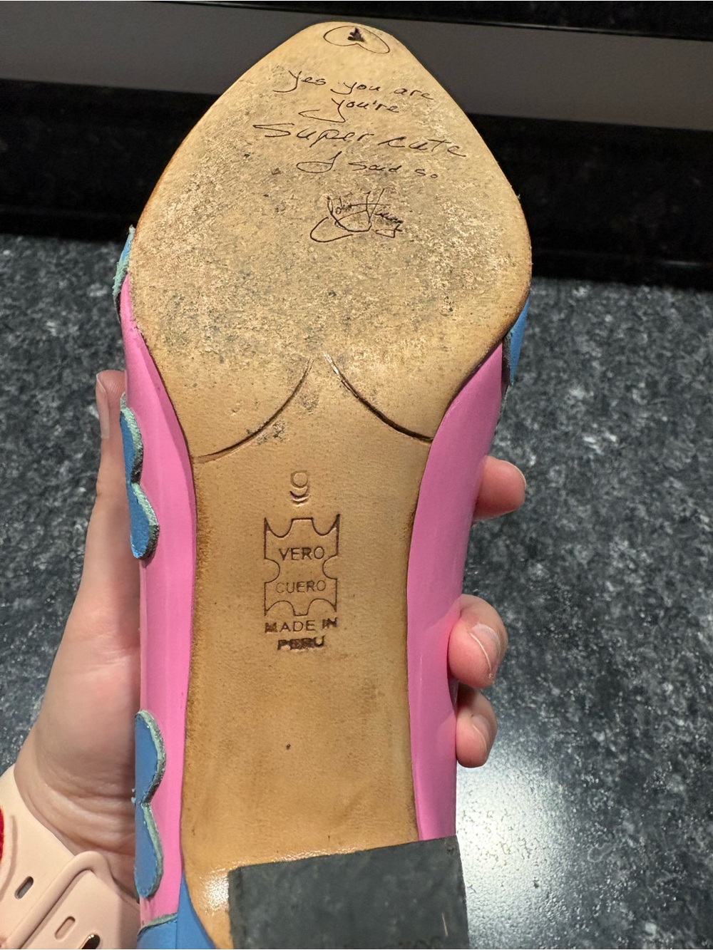 John Fluevog Pink Pumps with Blue Floral Appliqués - Picture 4 of 8